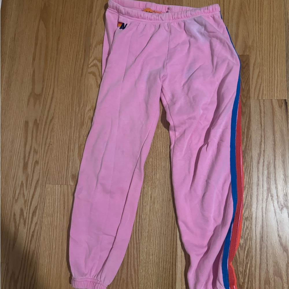 Aviator Nation Pink with Blue Stripe- Good condition pretty loved joggers/ med